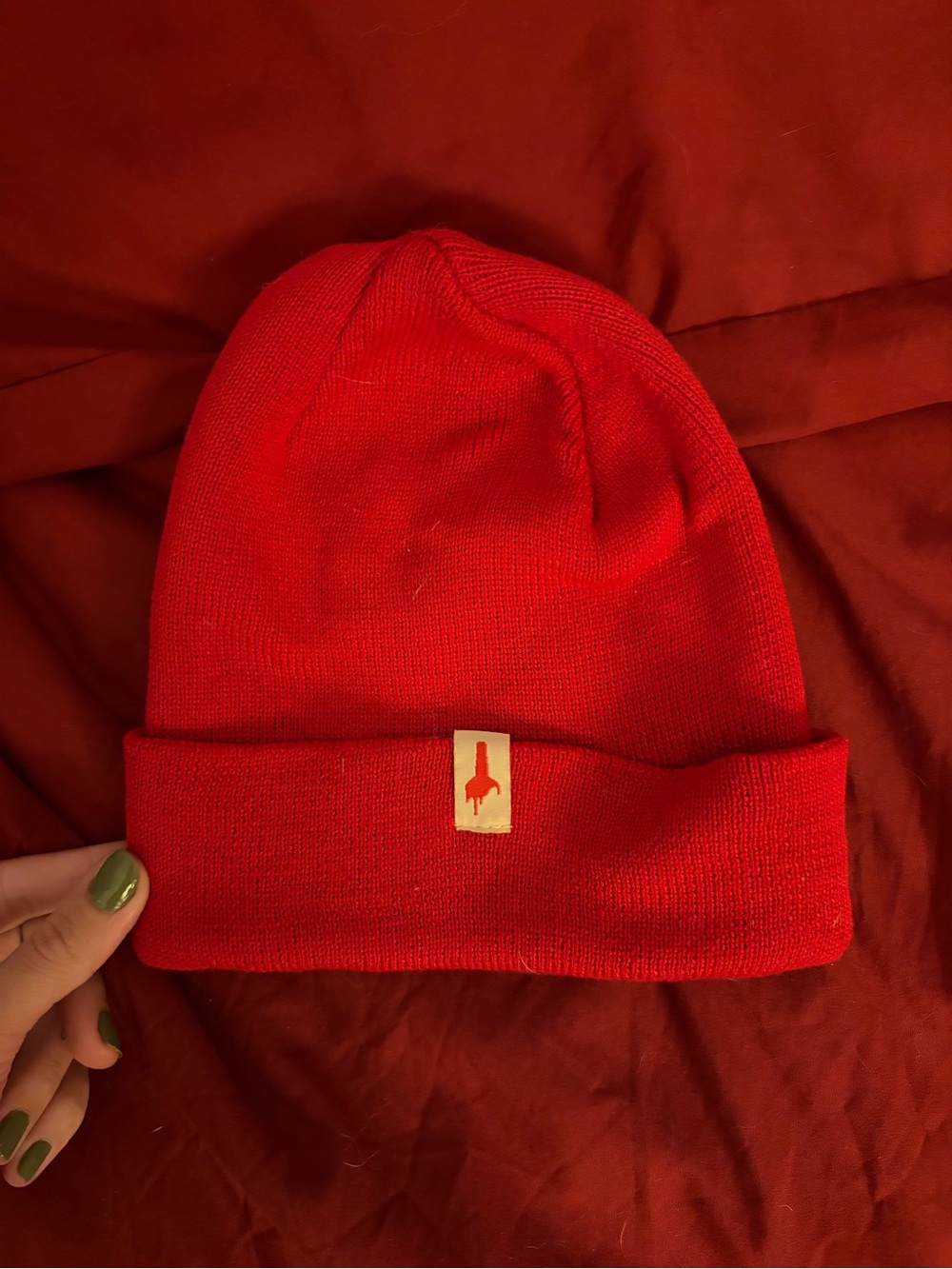 Red Knit Cuffed Beanie with Dripping Logo